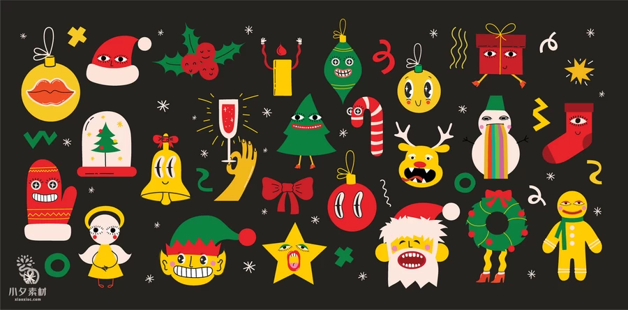 圣诞节圣诞老人圣诞树姜饼屋平安夜元素贴纸图案AI矢量设计素材【015】